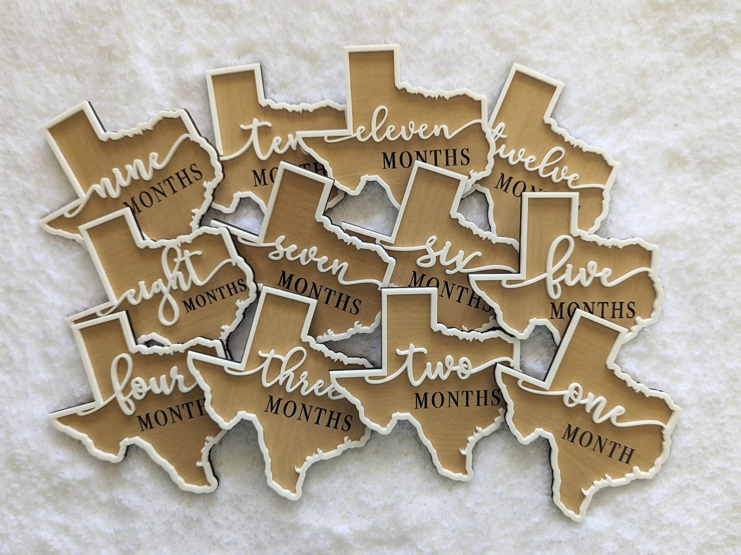 Set of twelve Texas shaped baby milestone photo props