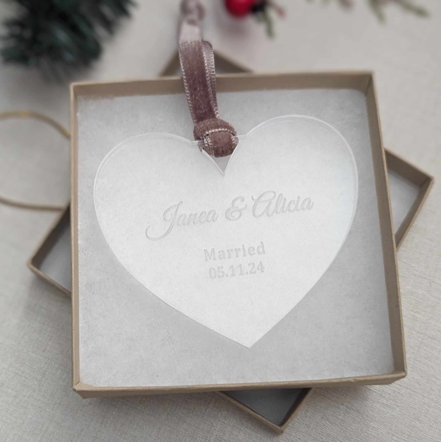 Heart-Shaped Clear Acrylic Christmas Ornament Custom Engraved with Names & Wedding Date