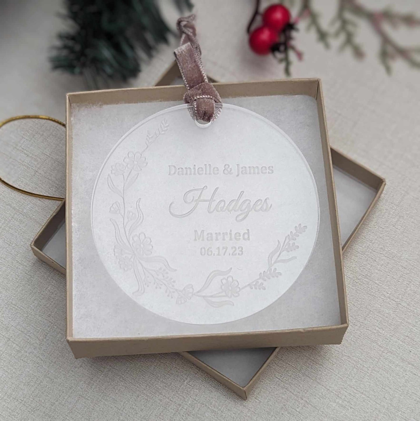Personalized Clear Acrylic Christmas Ornament Custom Engraved with Names & Wedding Date
