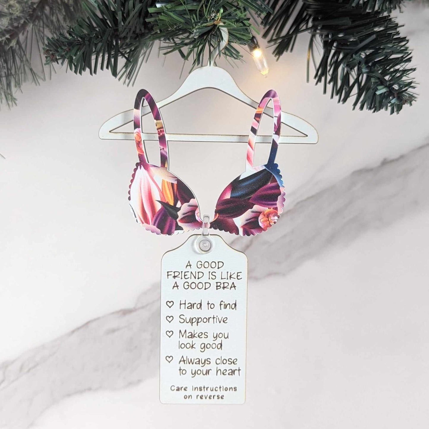 A Good Friend is Like A Good Bra Christmas Ornament. Christmas "Ho Ho Ho" Pattern Bra
