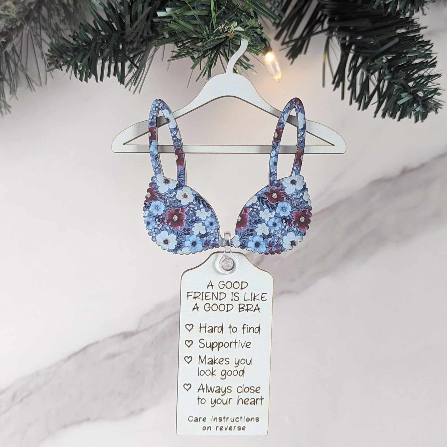 A Good Friend is Like A Good Bra Christmas Ornament. Christmas "Ho Ho Ho" Pattern Bra