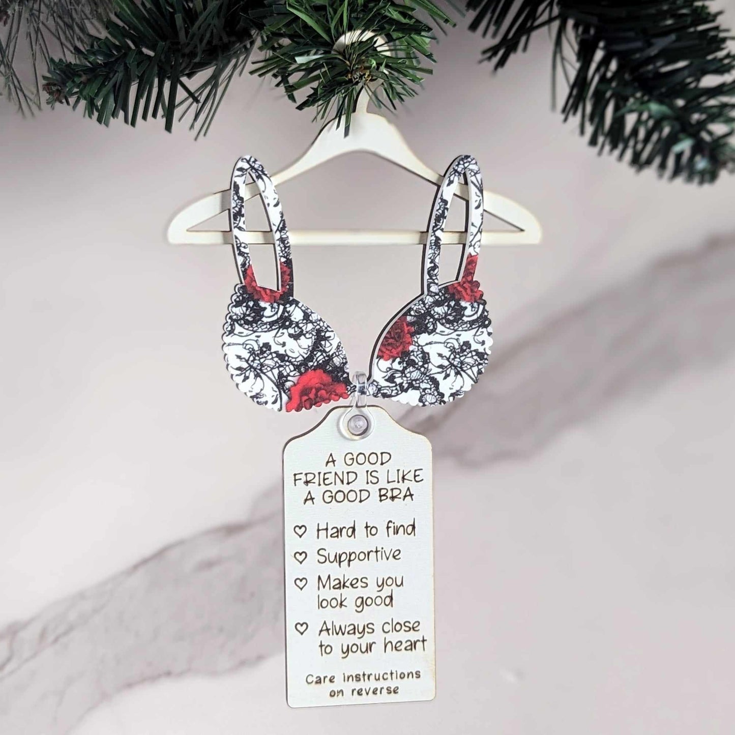 A Good Friend is Like A Good Bra Christmas Ornament. Christmas "Ho Ho Ho" Pattern Bra