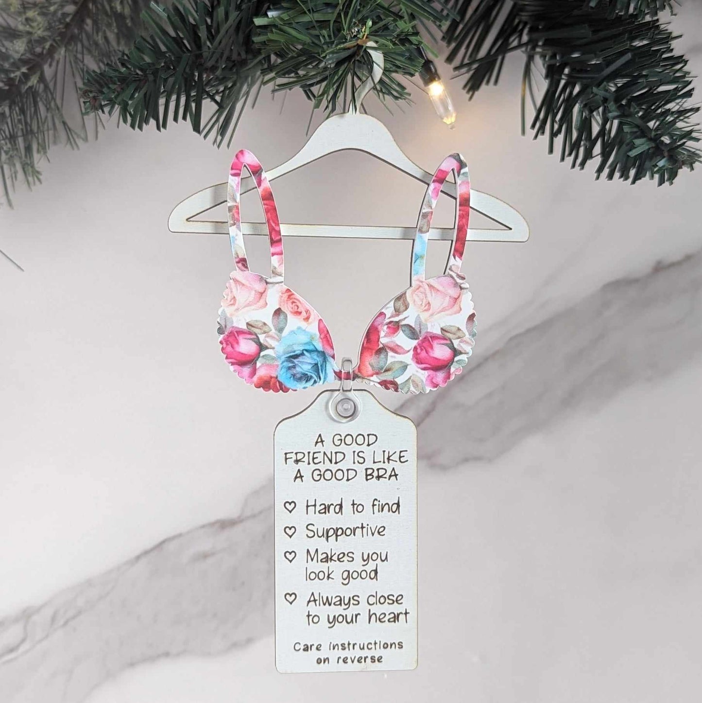 A Good Friend is Like A Good Bra Christmas Ornament. Christmas "Ho Ho Ho" Pattern Bra