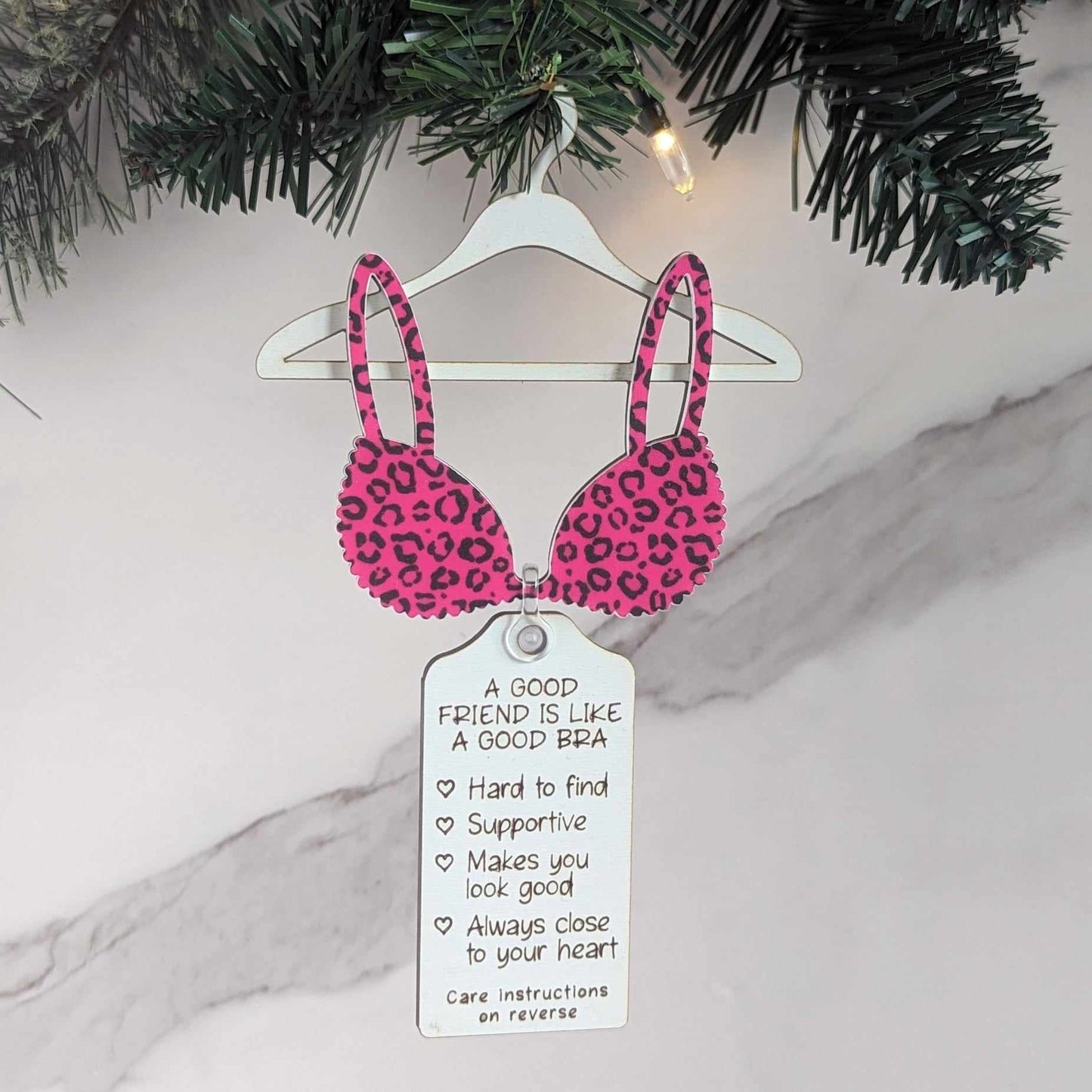 A Good Friend is Like A Good Bra Christmas Ornament. Christmas "Ho Ho Ho" Pattern Bra