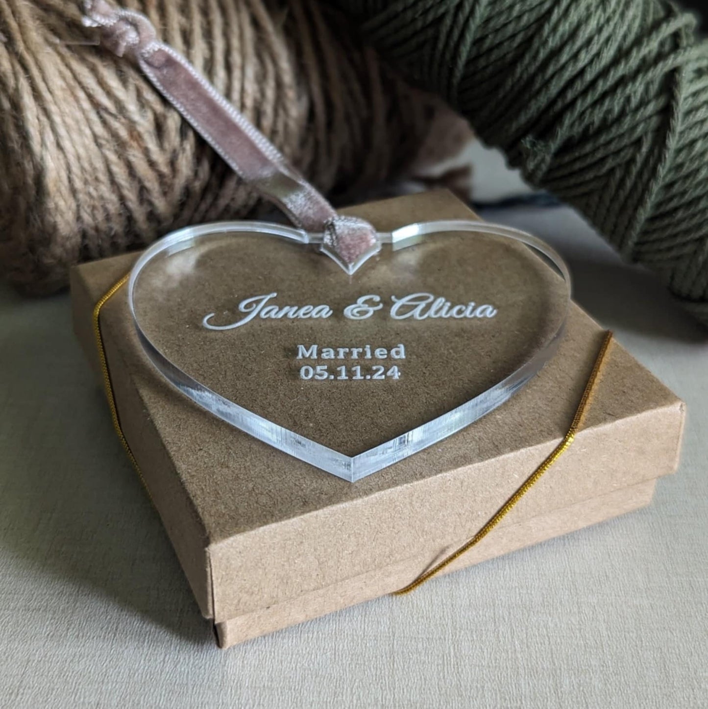 Heart-Shaped Clear Acrylic Christmas Ornament Custom Engraved with Names & Wedding Date