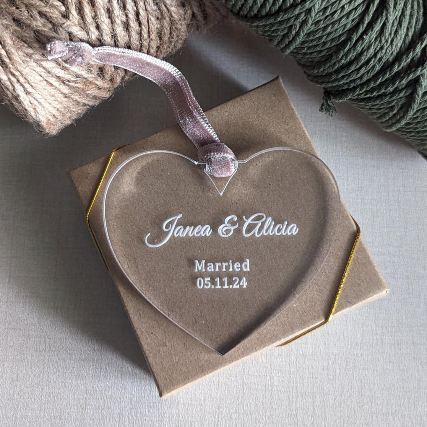 Heart-Shaped Clear Acrylic Christmas Ornament Custom Engraved with Names & Wedding Date