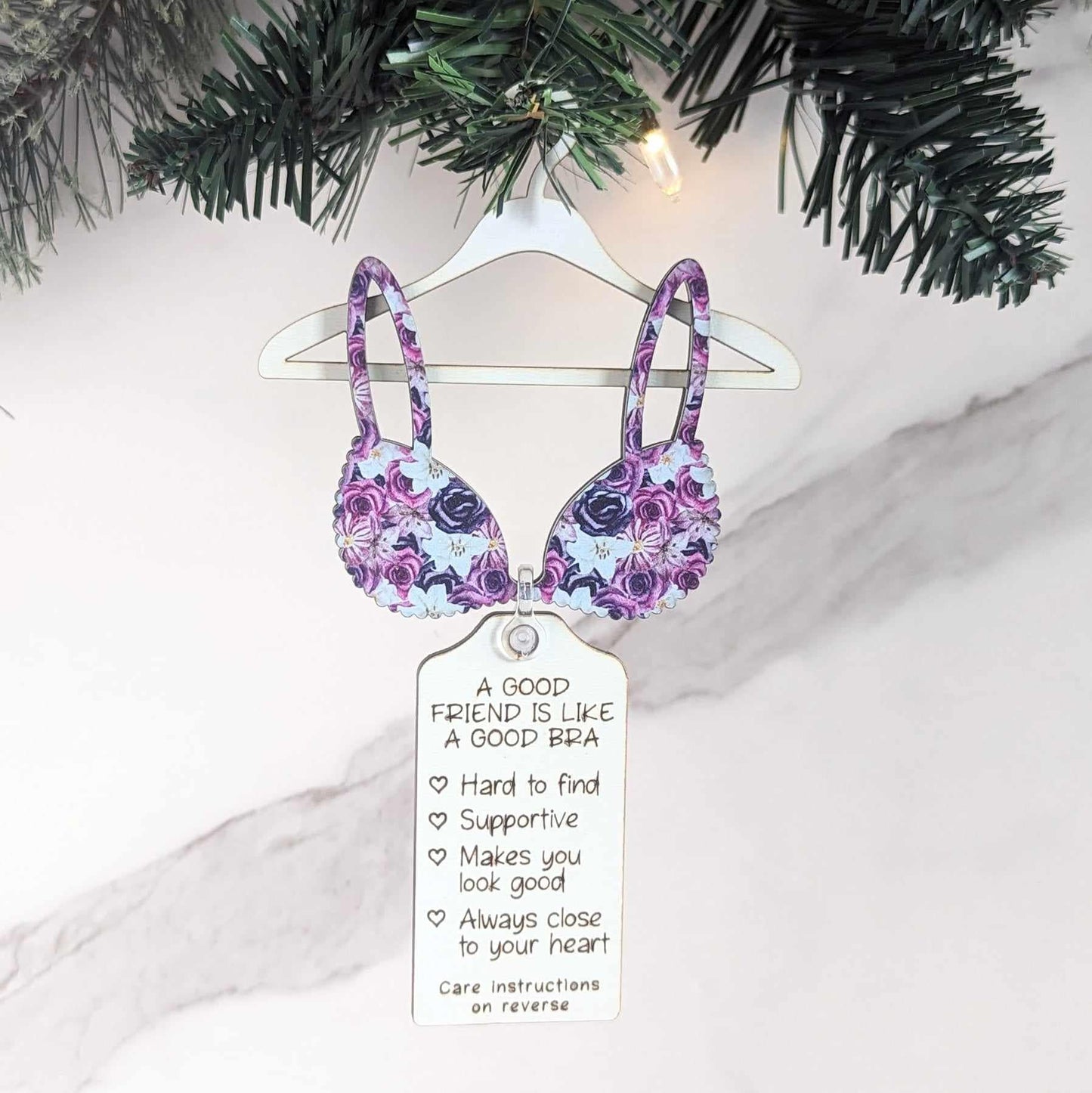 A Good Friend is Like A Good Bra Christmas Ornament. Christmas "Ho Ho Ho" Pattern Bra