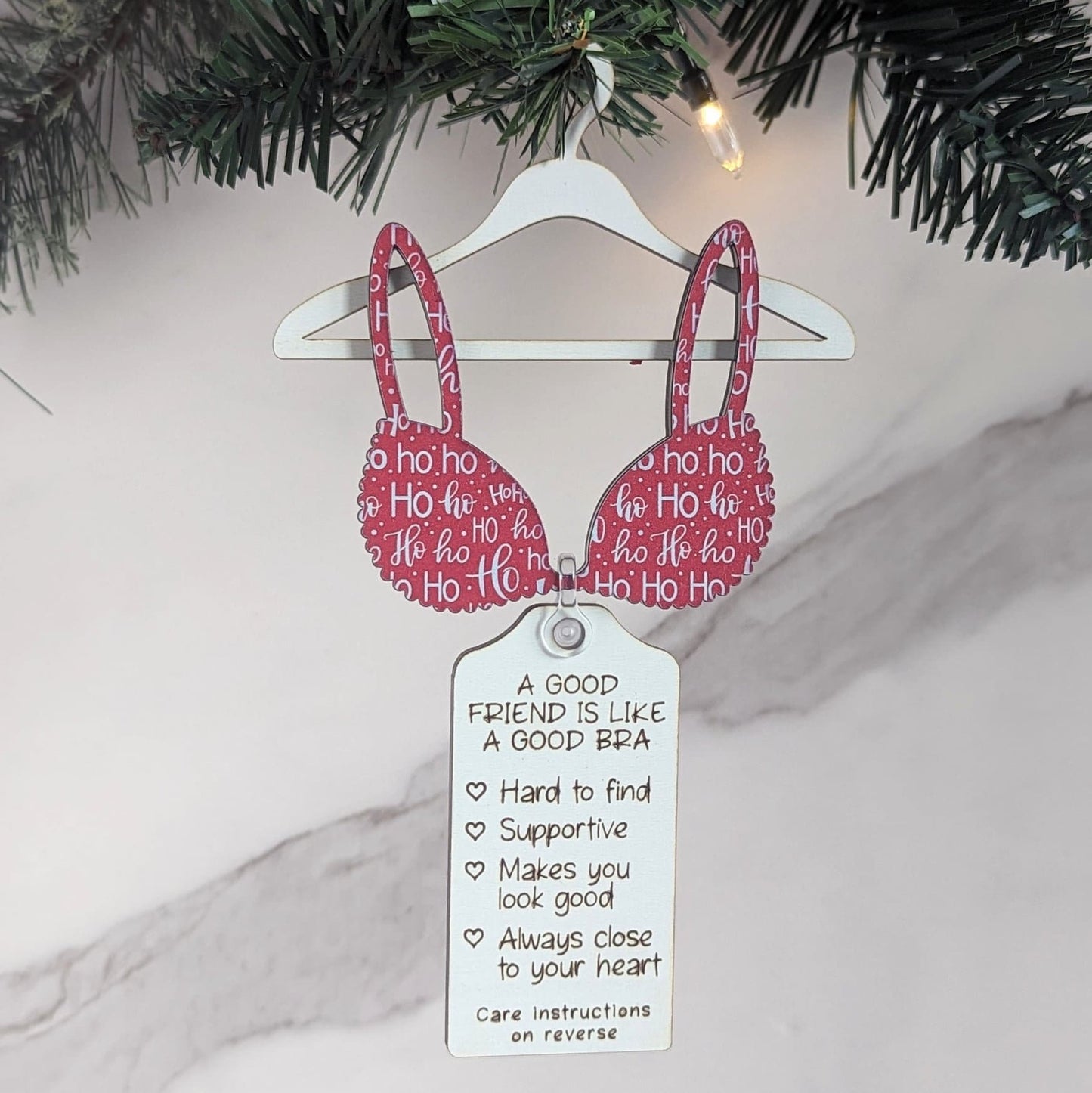 A Good Friend is Like A Good Bra Christmas Ornament. Christmas "Ho Ho Ho" Pattern Bra