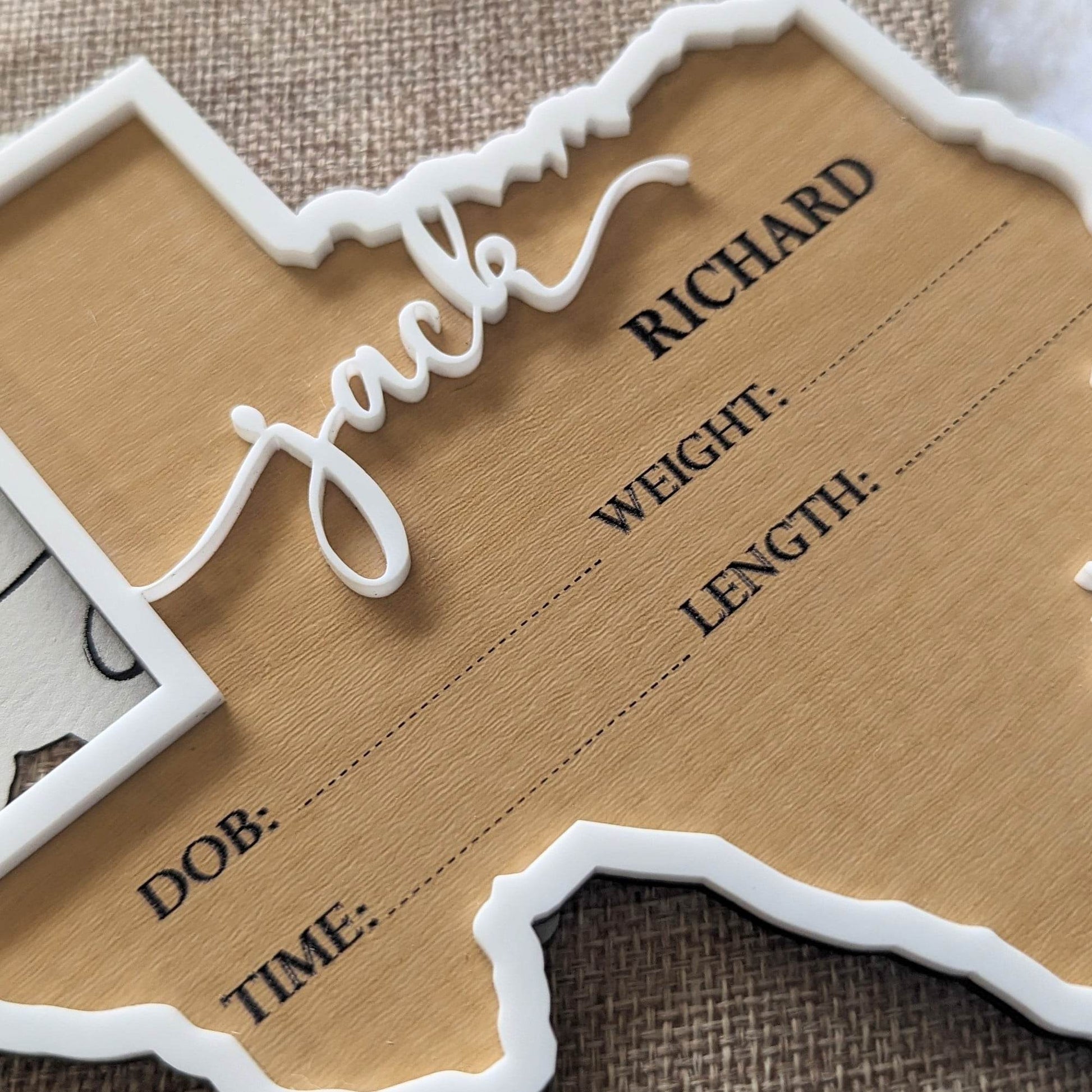 Close up of Texas shaped birth announcement sign.