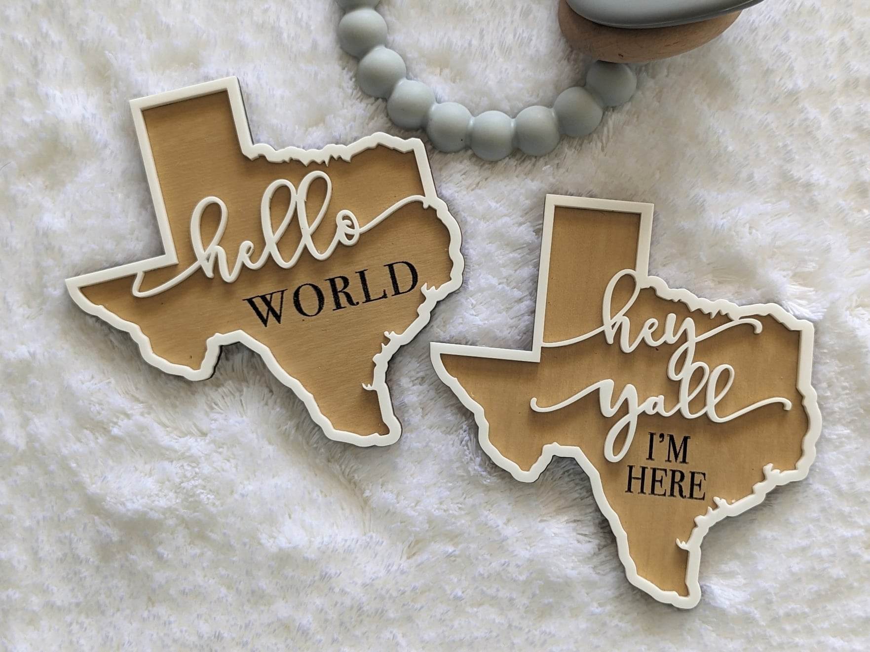 Texas shaped Hello World and Hey Y'all newborn photo props