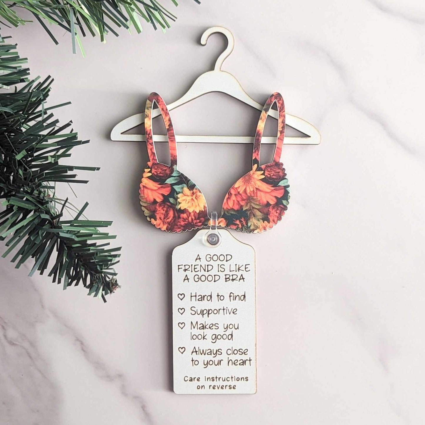 A Good Friend is Like A Good Bra Christmas Ornament. Fall Floral Pattern Bra