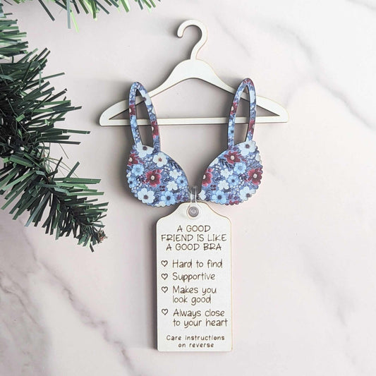 A Good Friend is Like A Good Bra Christmas Ornament. Blue Floral Pattern Bra