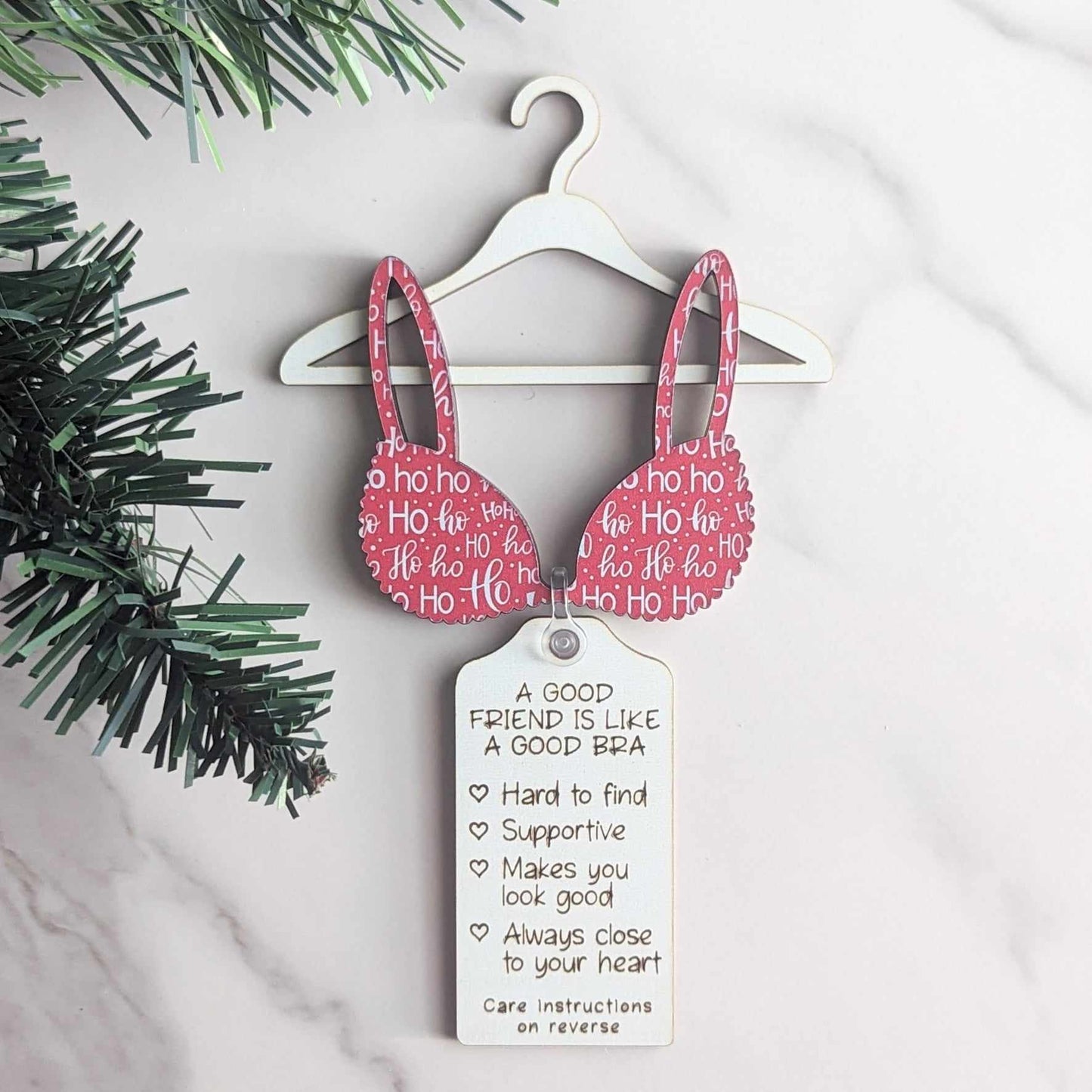 A Good Friend is Like A Good Bra Christmas Ornament. Christmas "Ho Ho Ho" Pattern Bra