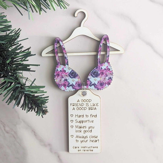 A Good Friend is Like A Good Bra Christmas Ornament. Purple Floral Pattern Bra