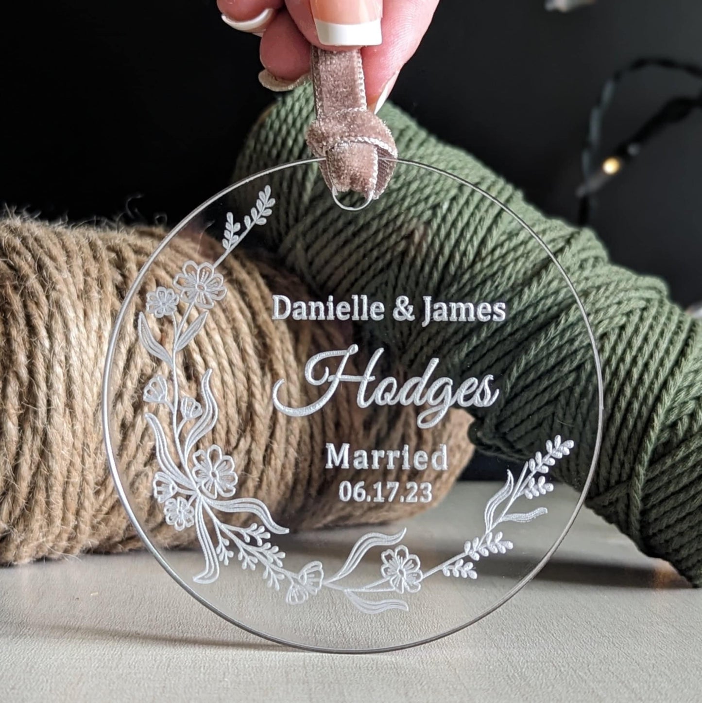 Personalized Clear Acrylic Christmas Ornament Custom Engraved with Names & Wedding Date