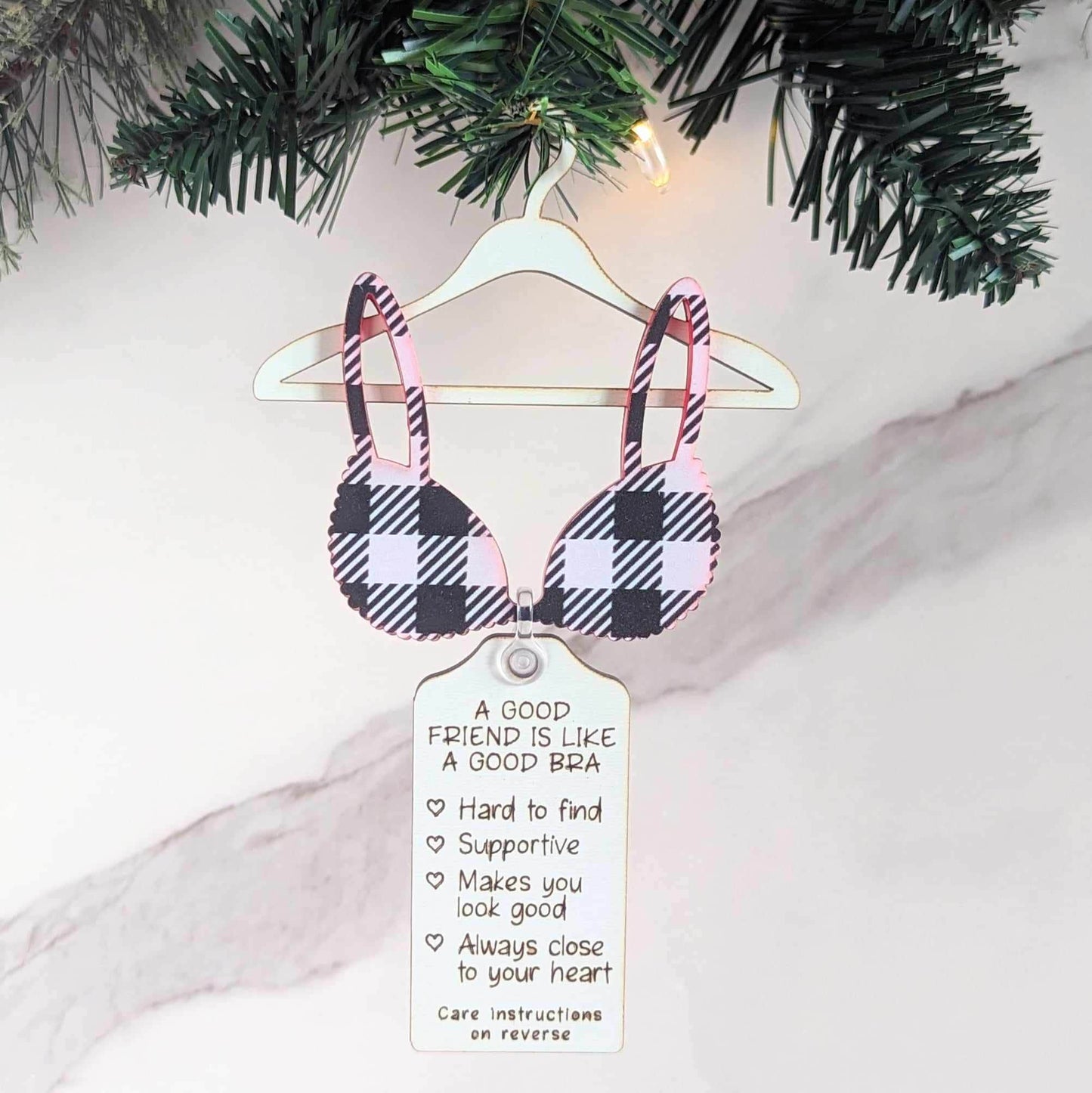 A Good Friend is Like A Good Bra Christmas Ornament. Black and White Buffalo Check Pattern Bra. Gift for friends, Co workers. Gift Exchange.